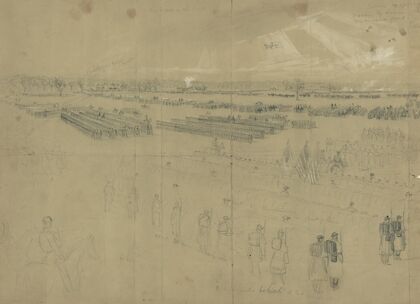 McClellan reviewing his troops near Baileys Cross Roads