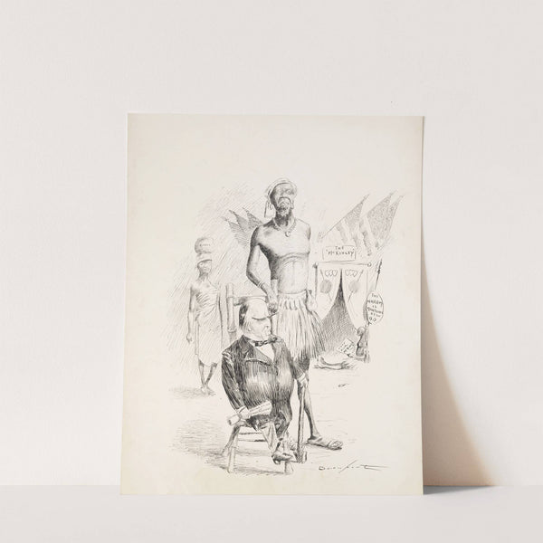 McKinley, holding a declaration of independence, walks with a tall African man who has a bag of money by Homer Davenport