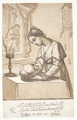 Meditating woman with a skull