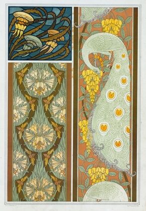Méduses et algues, vitrail. Cigales et lis, paons et cytise, bordures.