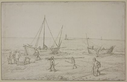 Meeresküste mit Segelbooten und Fischern