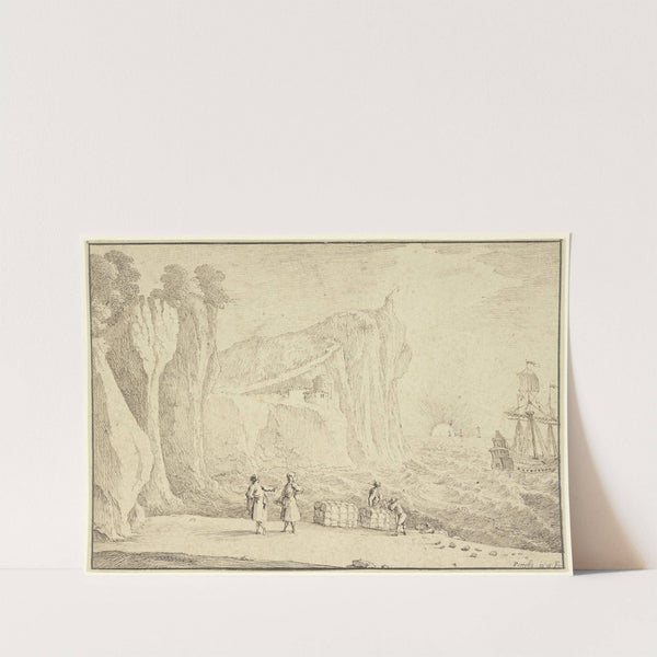 Meeresstrand an hohen Felsenufern, auf welchem ein Leuchtturm und ein Schloß stehen, vorne fünf Personen und zwei Warenballen by Gabriel Pérelle