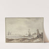 Meeresstrand mit ruhiger See, rechts im Mittelgrunde hält ein Wagen, sieben Segel in Sicht by Simon de Vlieger