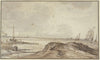 Meeresstrand, rechts fünf nach rechts segelnde Schiffe