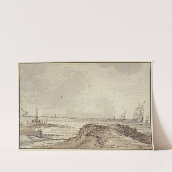 Meeresstrand, rechts fünf nach rechts segelnde Schiffe by Simon de Vlieger