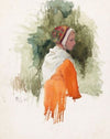 Meisje met kapje en oranje jurk