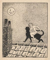 Meisje rijdt op een kat over de daken