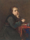 Meisje, zittend schrijvend aan een tafel