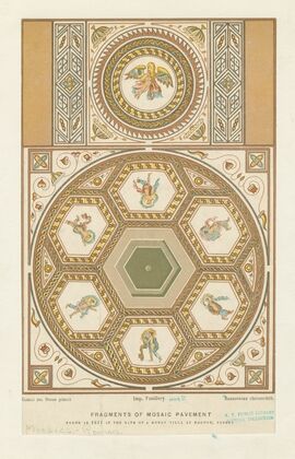 Fragments of mosaic pavement found in 1811 in the bath of a Roman villa at Bognor [Bignor], Sussex (1890)