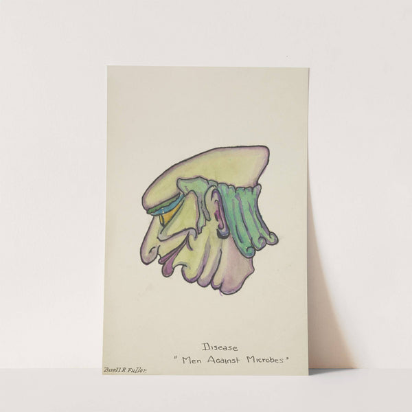 Men Against Microbes(Marionettes): Disease head with purple lips and green balding hair (1934-1943) by Buell Fuller