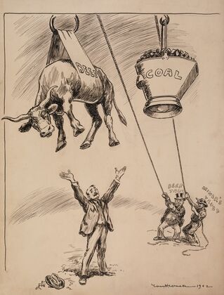 Men representing the Beef and Miner’s Trusts pull beef and coal out of the reach of a man representing consumers. (1902) — size preview