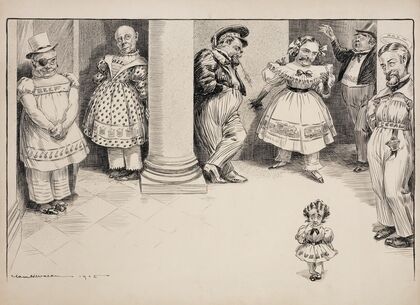 Men representing Trusts (beef, oil, wheat, sugar, coal) and Gould stand around a large room (1905)