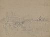 Men with rifles, possibly a duck hunting party, on the embankment of a river with marsh grasses along the shore (1858)
