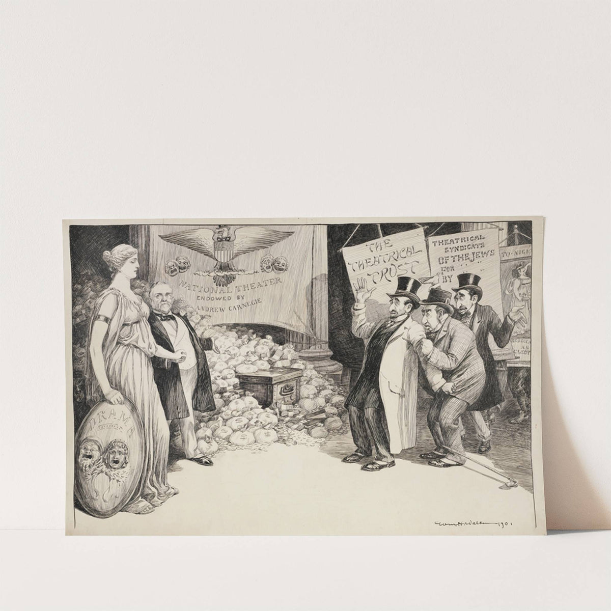 Men with signs reading ‘Theatrical Trust’ and ‘Theatrical Syndicate of the Jews’ are frightened by the approach of a woman, representing Drama (1901) by William Henry Walker