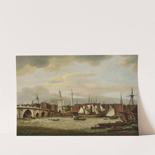 Merchant shipping at the wharfside below Old London Bridge, with the Church of St. Magnus the Martyr and Wren&#039;s &#039;Monument&#039; by Thomas Luny
