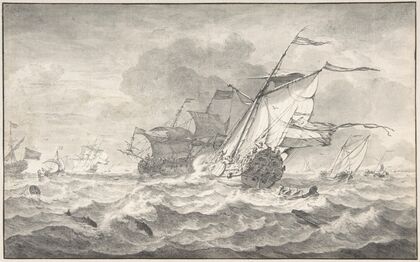 Merchant Ships and Smaller Sailing Boats in a Strong Breeze, Dolphins in the Waves