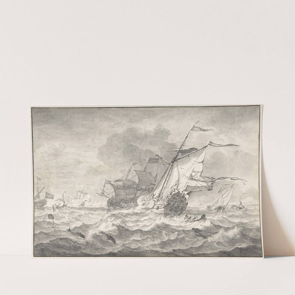 Merchant Ships and Smaller Sailing Boats in a Strong Breeze, Dolphins in the Waves by Hendrick Rietschoof