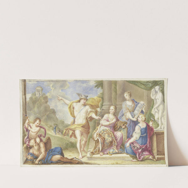 Merkur zeigt den Künsten den Weg zu einem auf einer steilen Anhöhe stehenden Heiligtum by Arnold Houbraken