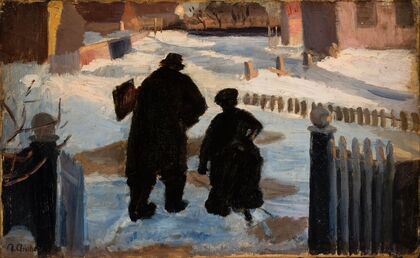Michael Ancher on his way to his studio accompanied by the organist Helene Christensen