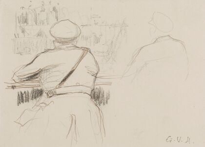 Militaire appuyÃ© Ã  un parapet vu de dos (Ã  droite croquis d’un militaire de dos)