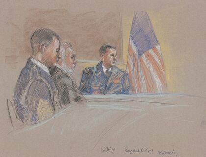 Military personnel including John Billings, seated during court martial of Bowe Bergdahl, Fort Sam Houston, San Antonio, Texas