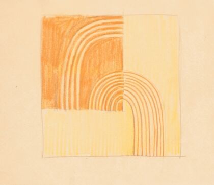 Miscellaneous small sketches for inlaid table tops.] [Design with orange and yellow geometric motif