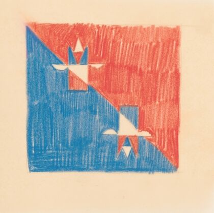 Miscellaneous small sketches for inlaid table tops.] [Design with red and blue cubic motif