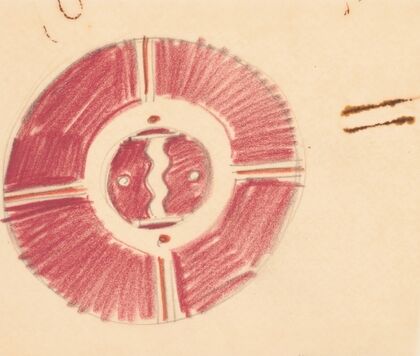 Miscellaneous small sketches for inlaid table tops.] [Design with red geometric motif