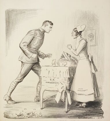 Miss Democracy, depicted as a nurse, tends to a baby representing Prohibition in a crib representing the United States government (1919)