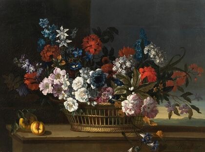 Mixed flowers in a basket beside peaches on a table, a landscape beyond