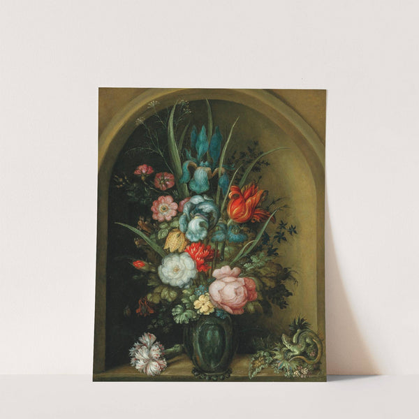 Mixed flowers in a glass vase with a lizard nearby by Roelant Savery