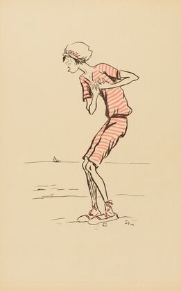 Mme Brighton sur une plage en costume de bain