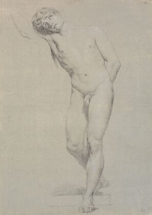 Model stående en face, hovedet støttet mod den løftede højre arm; ikke tegnet færdig (1745 – 1802)