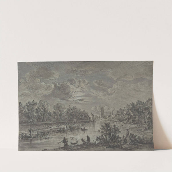 Moonlit view of a river with fishermen and a town in the background (mid-18th–late 18th century) by Karel La Fargue