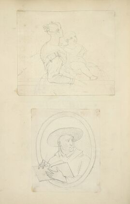 Mother and baby; Man in wide brimmed hat holding a sketchbook