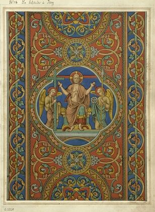 Motifs de vitraux (La Solitude à Issy) Christ entouré d’anges portant les instruments de la passion dans un quadrilobe