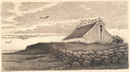 Motiv fra Karup. Storkene samler sig til rejsen. Solnedgangstid (1892 - 1917)