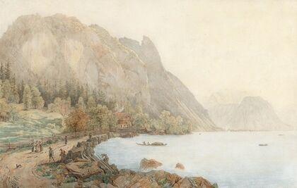 Motiv vom Attersee mit dem Höllengebirge und figürlicher Staffage