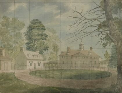 Mount Vernon with outbuildings shown from the far side of the driveway