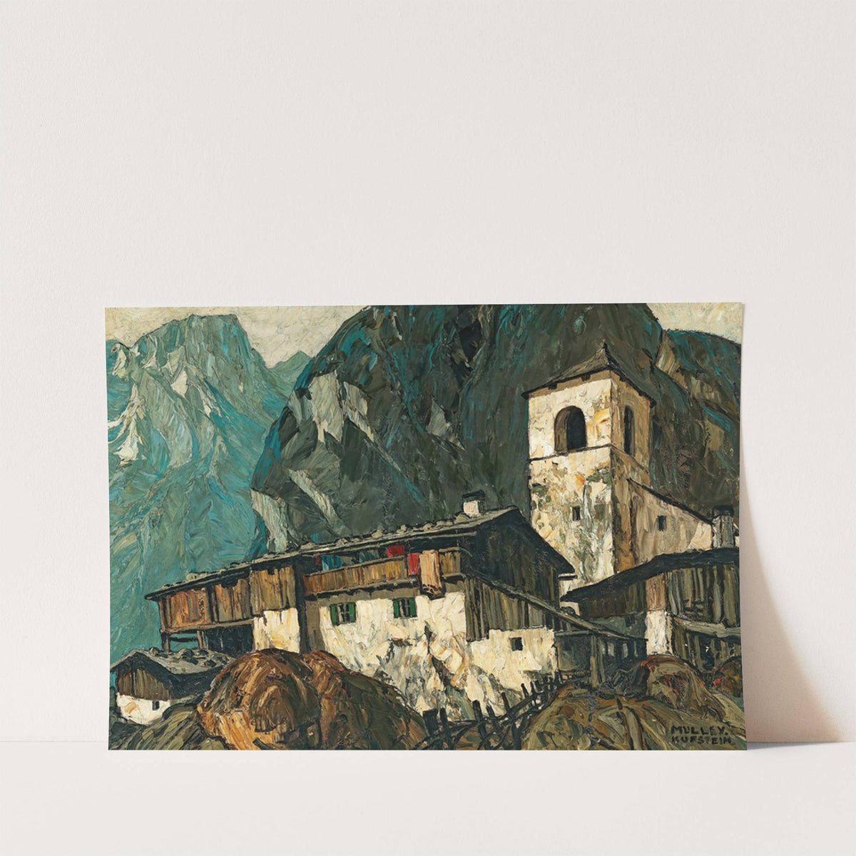 Mountain church and farm (c. 1925) by Oskar Mulley