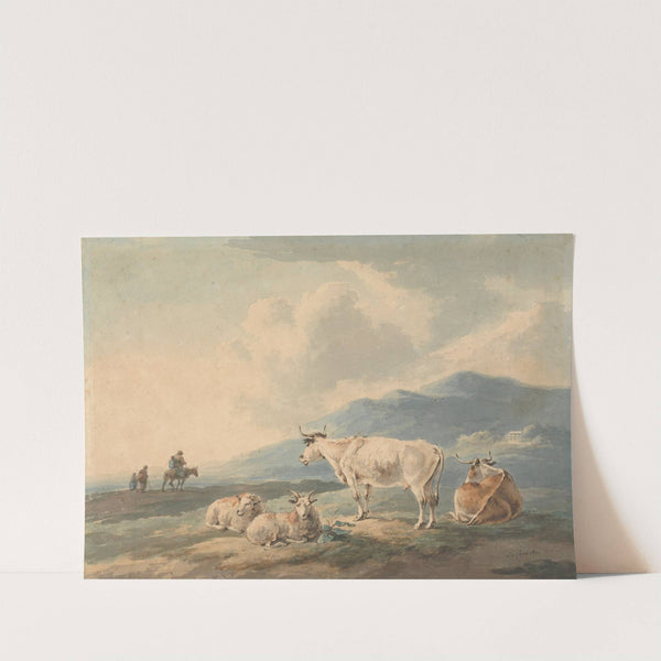 Mountain Landscape: with cows and goats foreground and figures, left by Peter La Cave