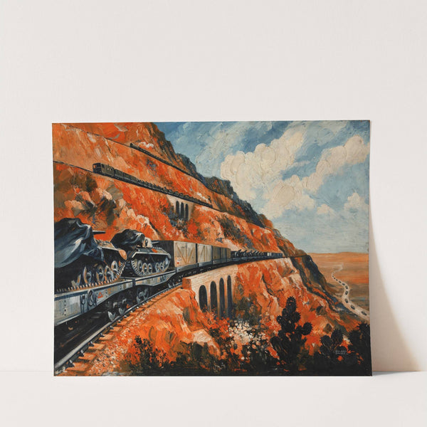 Mountain railway transporting tanks by Roland Davies