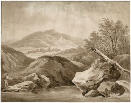 Mountainous landscape with a fisherman