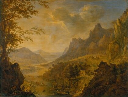 Mountainous Landscape with a River, in the Foreground a Village with Several Boats Moored at the Bank