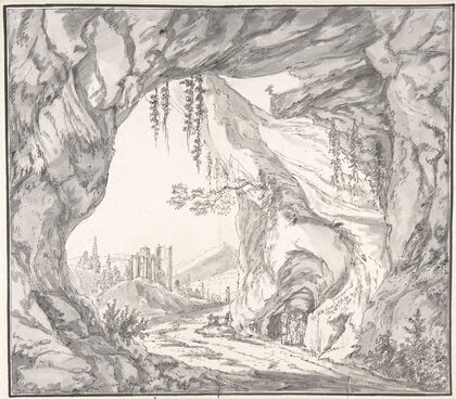 Mountainous Landscape with Ruins of a Castle and Three Men in a Cave, Seen through a Stone Gate