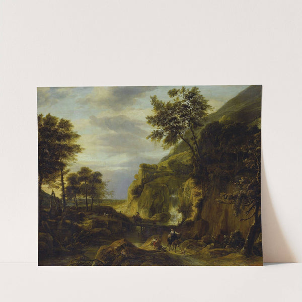 Mountainous landscape with waterfall by Roelant Roghman