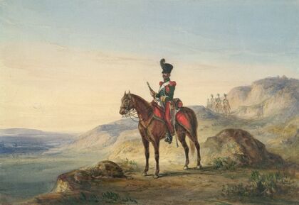 Mounted Soldier in Rocky Terrain with Guards in Distance