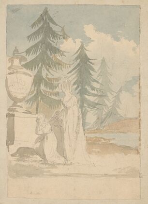 Mourning scene with mother and two children by monument near pine trees