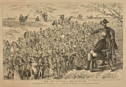 Mr. Pickwick’s reception. Sam Weller introduces to Mr. Pickwick the leading characters in Mr. Dicken’s novels. (1870)