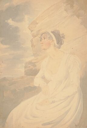 Mrs. J.R. Smith, Elizabeth Pepperell Sanger, sitting on a rock